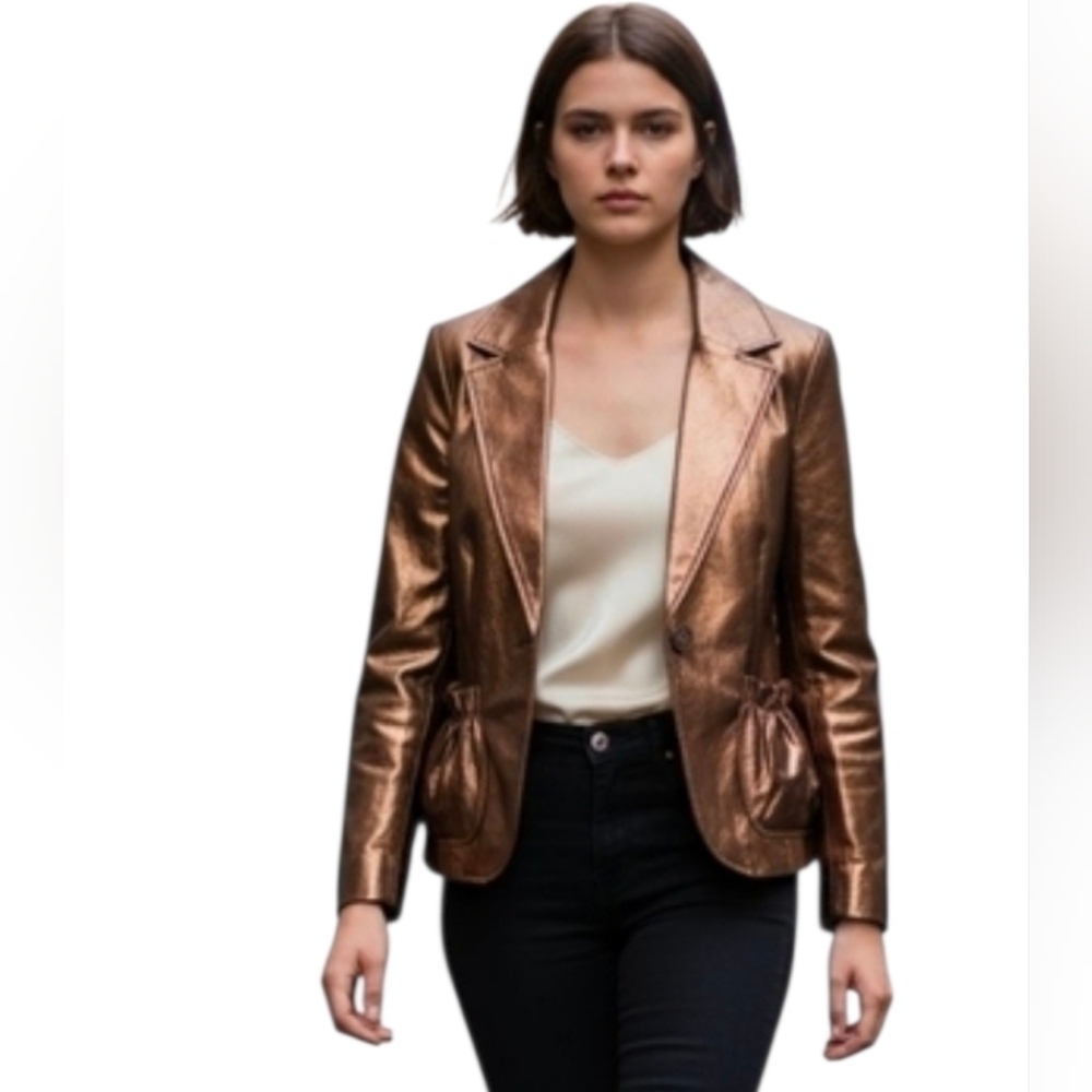 Vintage 80's Wendy Hil Leather Blazer Jacket Top Crop Bronze Gold